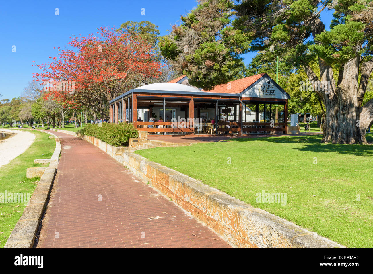 Bayside Kitchen cafe on the promenade along the Matilda Bay Reserve on the Swan River at Crawley, Perth, Western Australia Stock Photo
