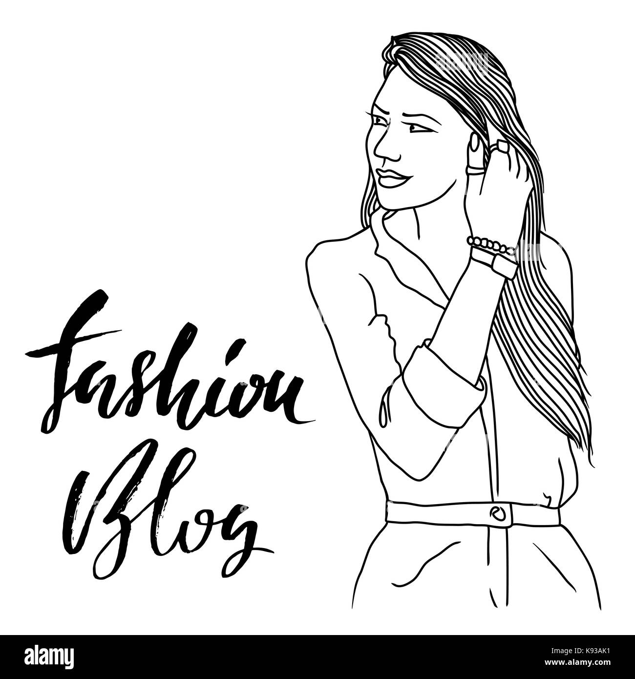 Cute vector girl illustration. Woman with long hair. Fashion blog modern brush lettering. Black and white sketch. Stock Vector
