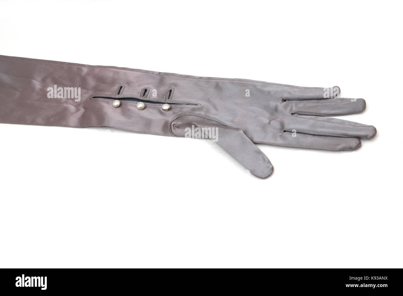 Vintage Long Grey Satin Evening Glove with buttons Stock Photo