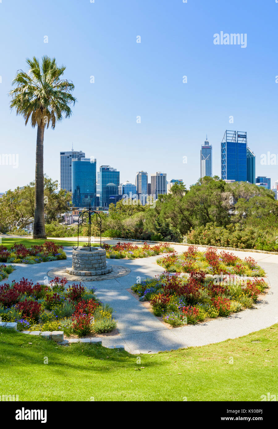 View of the Perth city CBD from the Rotary wishing well garden in Kings Park, Western Australia, Australia Stock Photo