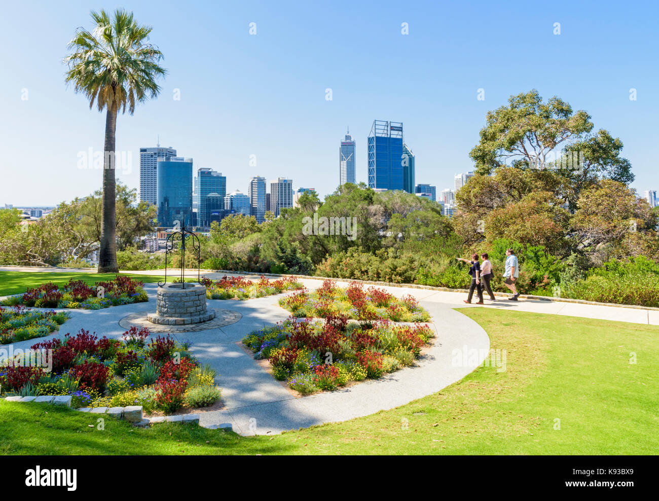 View of the Perth city CBD from the Rotary wishing well garden in Kings Park, Western Australia, Australia Stock Photo