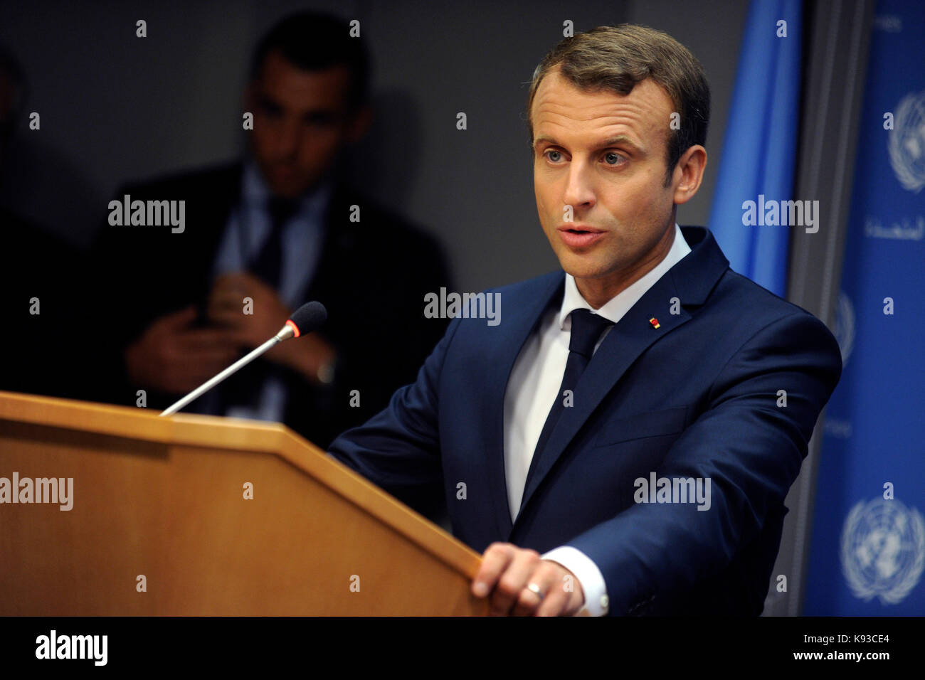 French President Emmanuel Macron holds a press conference at the United Nations on September 19, 2017 in New York City. Stock Photo