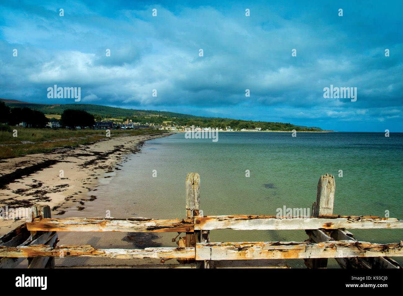 Golspie Beach and its old Pier, Golspie, Sutherland Stock Photo