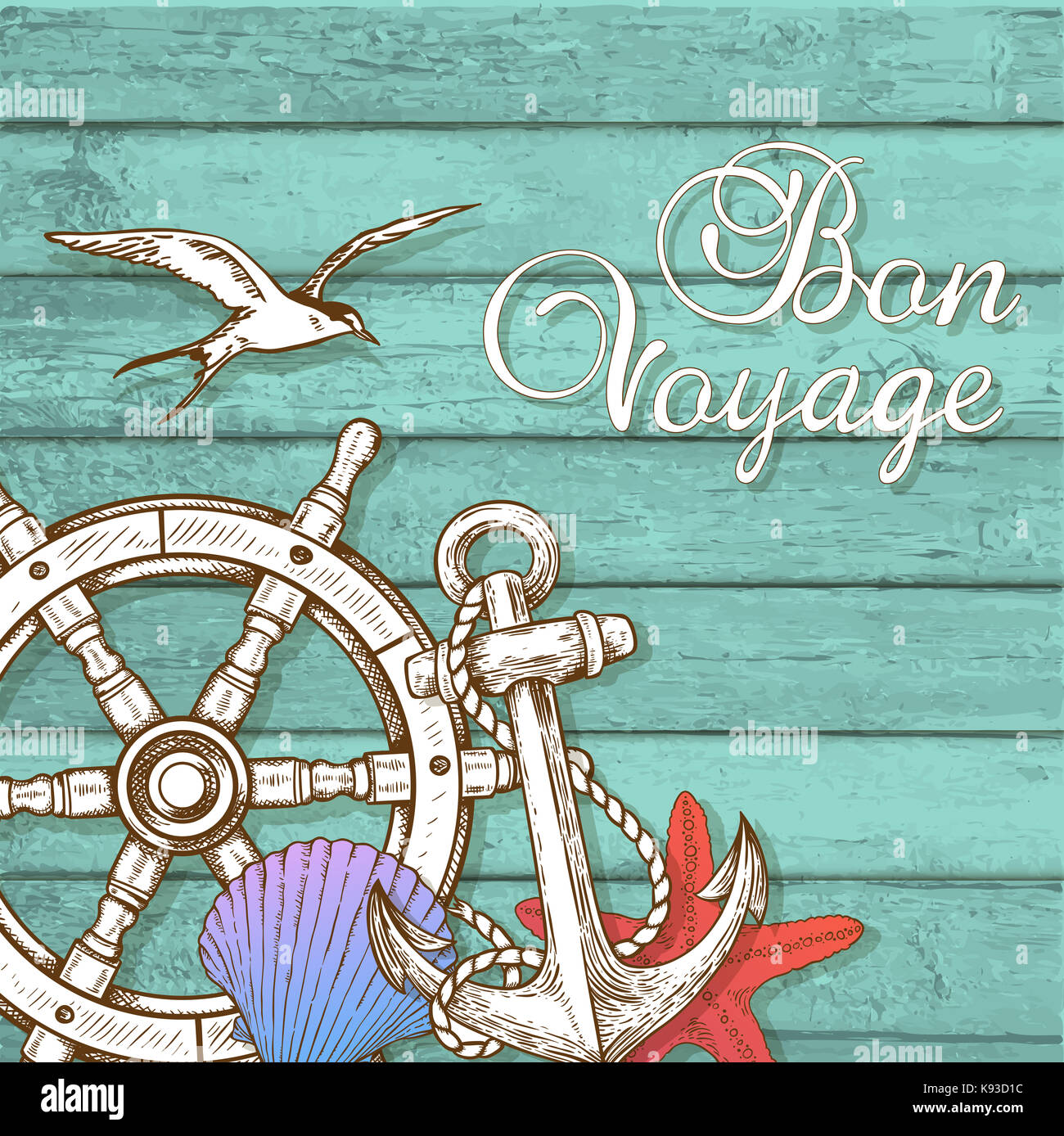 Vintage travel background with hand wheel and anchor on a green wooden surface. Bon voyage lettering. Stock Photo