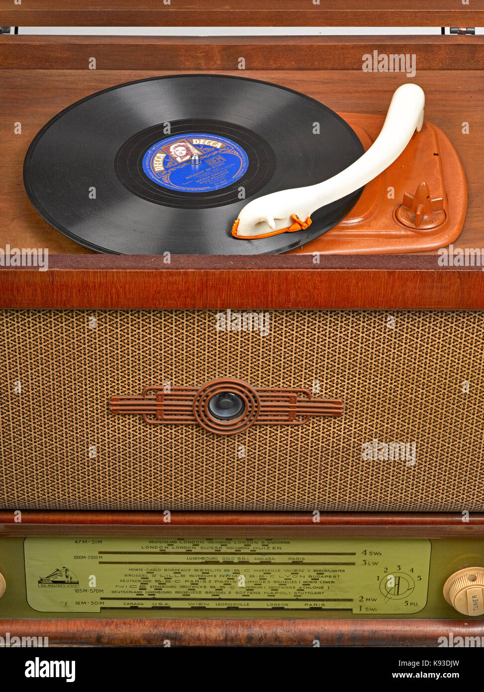 BRUSSELS, BELGIUM - May 24, 2012: Sudio shot of a decorative front panel of an old radio - record player Master's voice Stock Photo