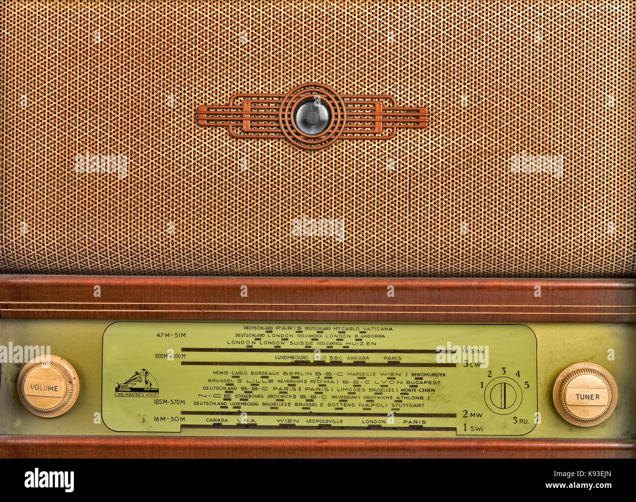 decorative front panel of an old radio master's voice, closeup Stock Photo  - Alamy