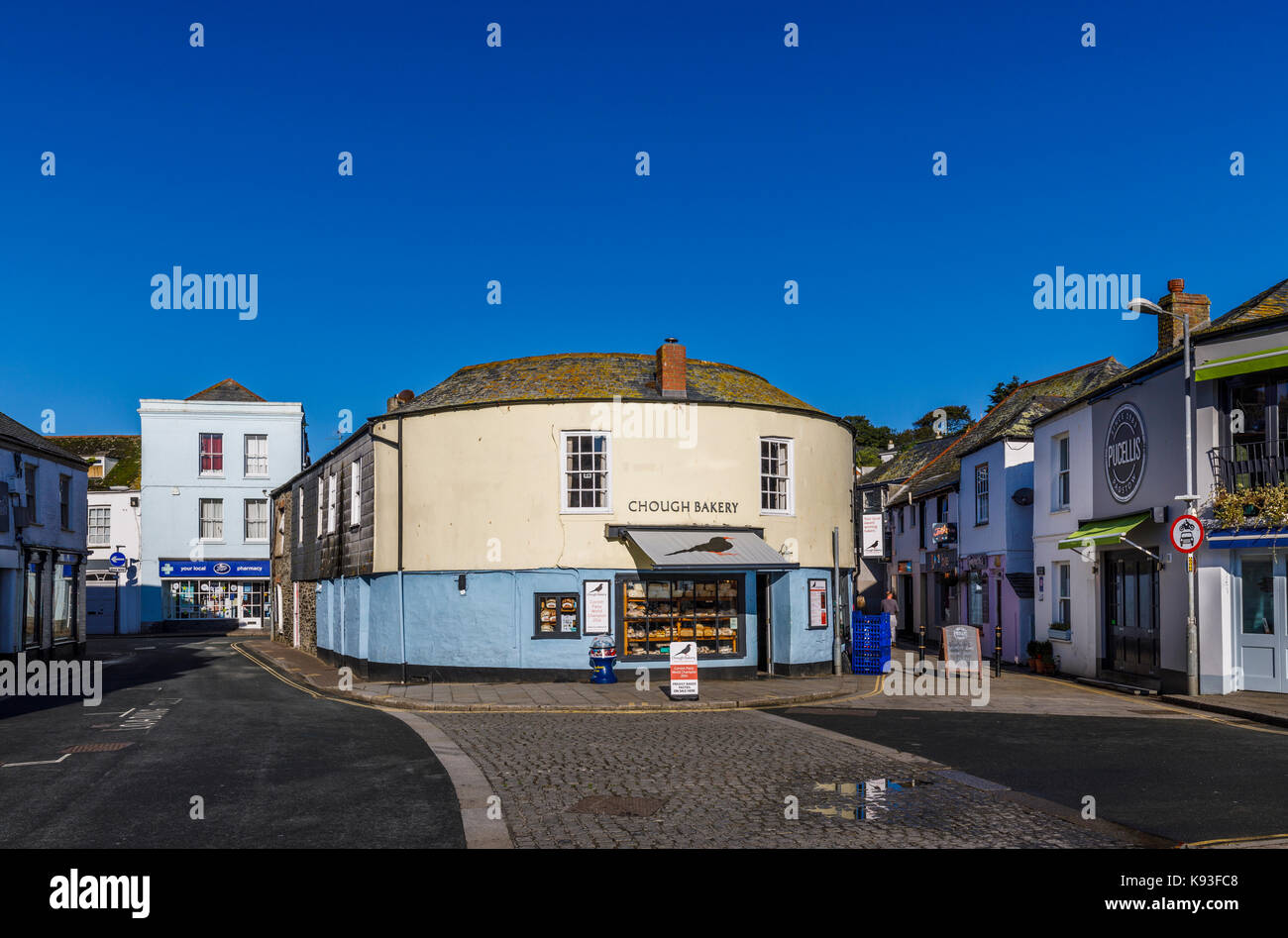 View of Chough Bakery, a traditional bakers and pastie shop, Padstow, a fishing village on the west of the River Camel estuary, north Cornwall England Stock Photo