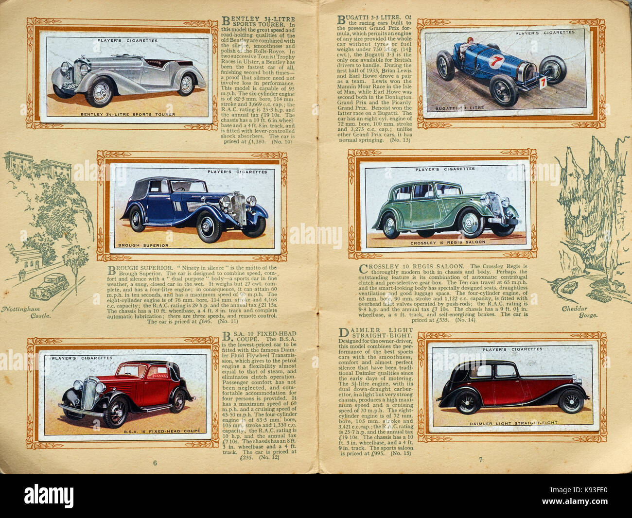 CIGARETTE CARDS, CARS, VINTAGE, CLASSIC CARS, CLASSIC AUTO MOBILES, BUGATTI, DAIMLER Stock Photo