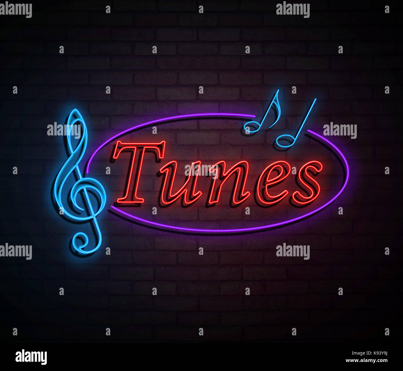 3d Illustration depicting an illuminated neon sign with a tunes concept. Stock Photo