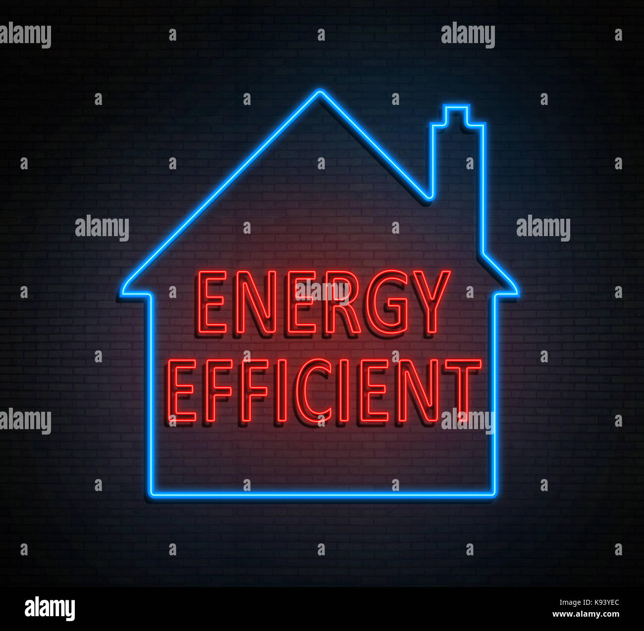 3d Illustration depicting an illuminated neon sign with an home energy