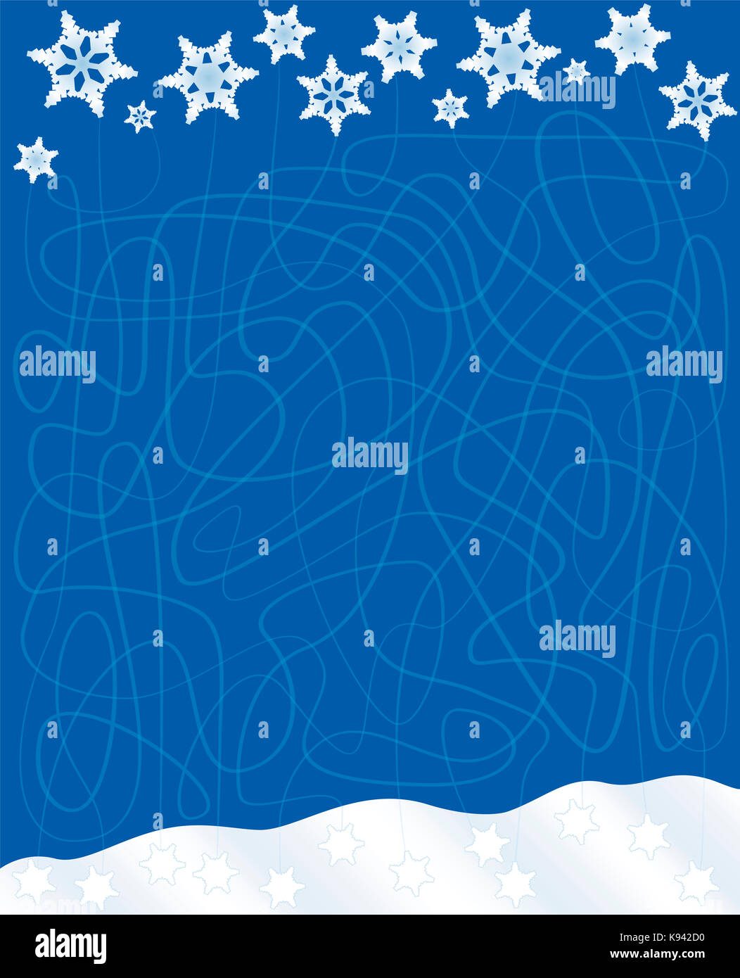 Snowfall labyrinth - find the way of the falling snowflakes through the blue winter sky to the pile of snow - a funny concentration game for children. Stock Photo