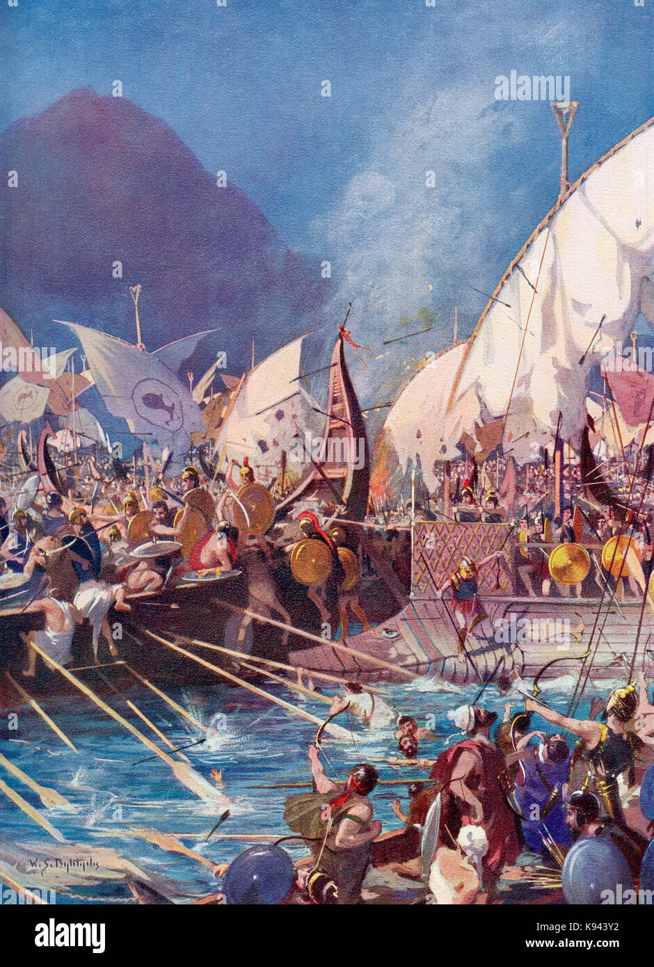 The Battle of Salamis, a naval battle fought between an alliance of Greek city-states under Themistocles and the Persian Empire under King Xerxes in 480 BC.   After the painting by W.S. Bagdatopoulus, (1888-1965).  From Hutchinson's History of the Nations, published 1915. Stock Photo