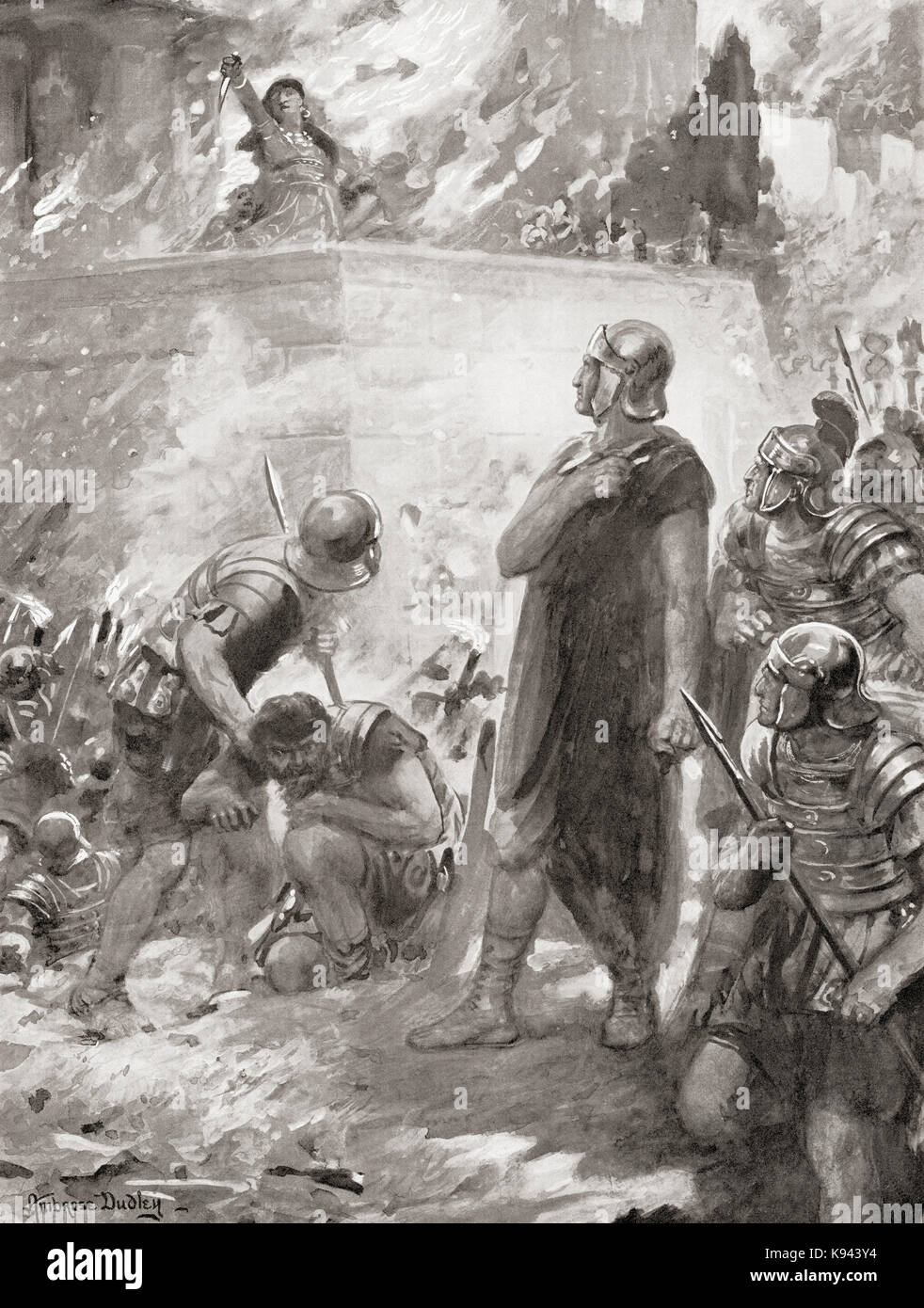 The final destruction of Carthage by the Romans, 146BC.  Hasdrubal, who had escaped from the city, seen here begging for his life at the feet of Scipio who granted him his life but paraded him before the surviving Carthaginians who had taken refuge in the burning temple of Aesculapius.  When his wife witnessed this she threw herself into the flames.  Hasdrubal the Boetharch, Carthaginian general during the Third Punic War.  After the painting by Ambrose Dudley, (1867-1951).  From Hutchinson's History of the Nations, published 1915. Stock Photo