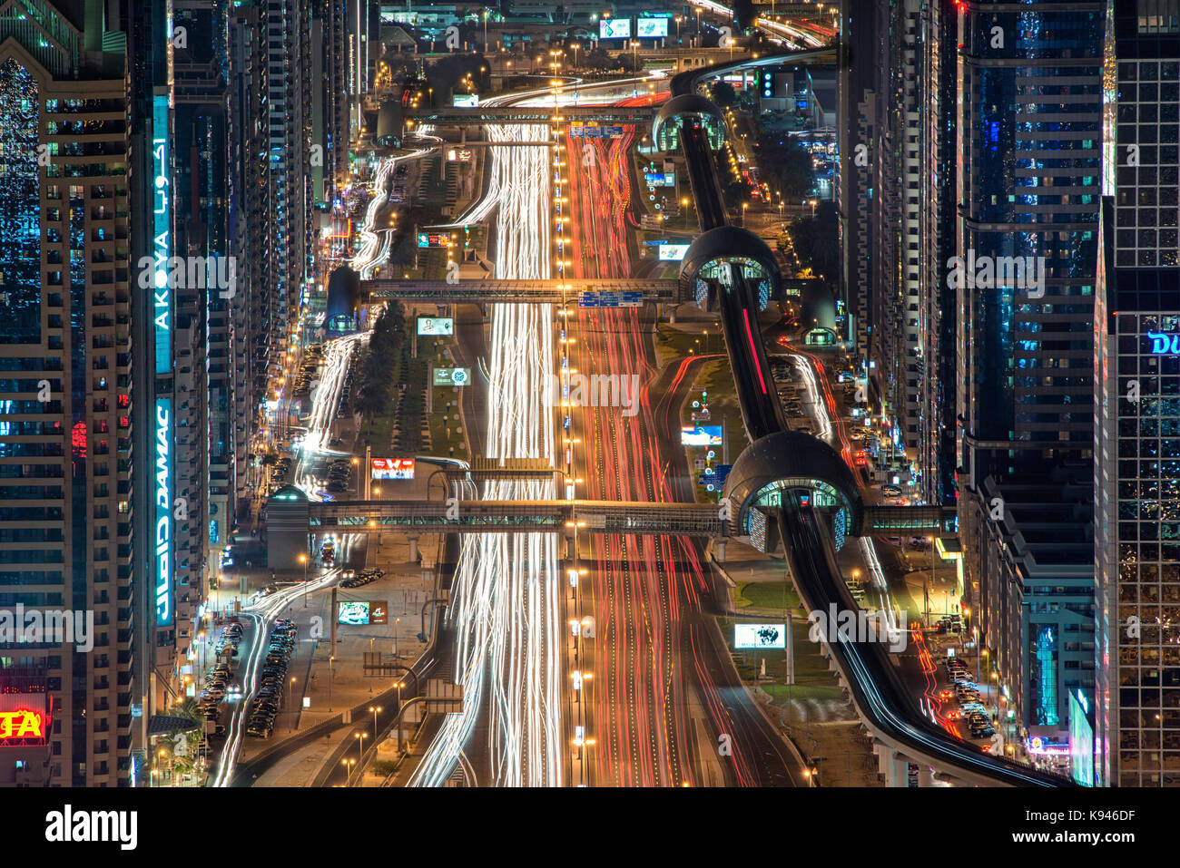 Aerial view of illuminated  highway in central Dubai, United Arab Emirates. Stock Photo