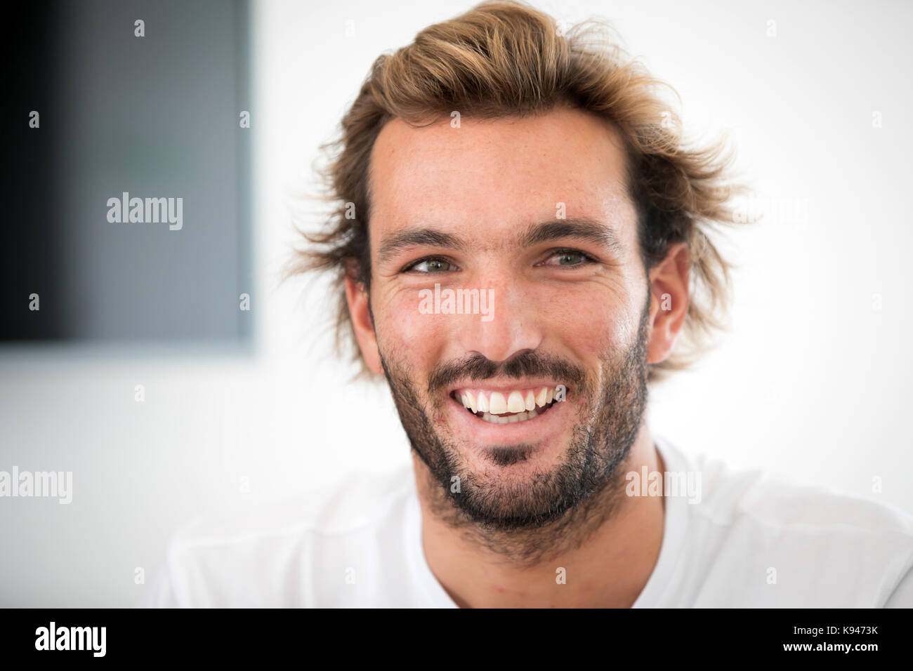 Frederico Morais, Portuguese professional surfer who competes on the World Surfing League, during an interview in Estoril, Portugal. Stock Photo