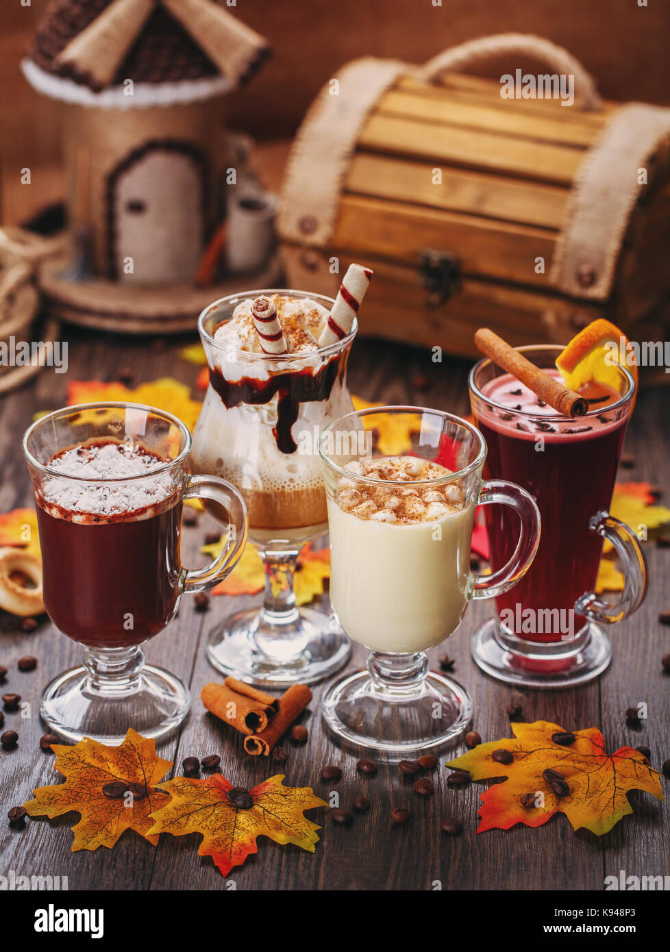 Set of drinks. White Chocolate, Cream, Creamy Cocktails and mulled wine Stock Photo
