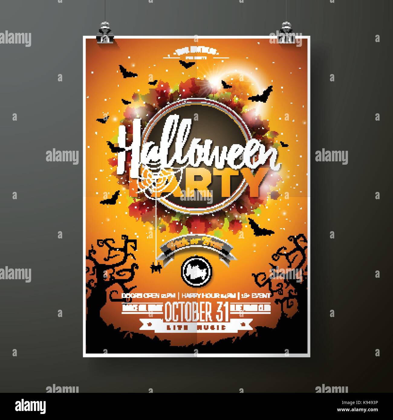 Halloween Party Flyer Vector Illustration With Moon On Orange Sky Stock Vector Image Art Alamy