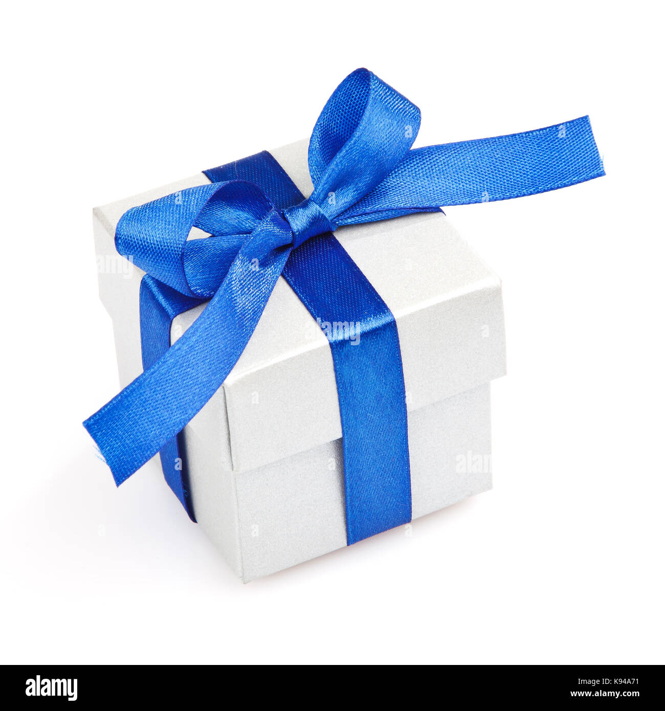 Grey gift box with blue ribbon Stock Photo