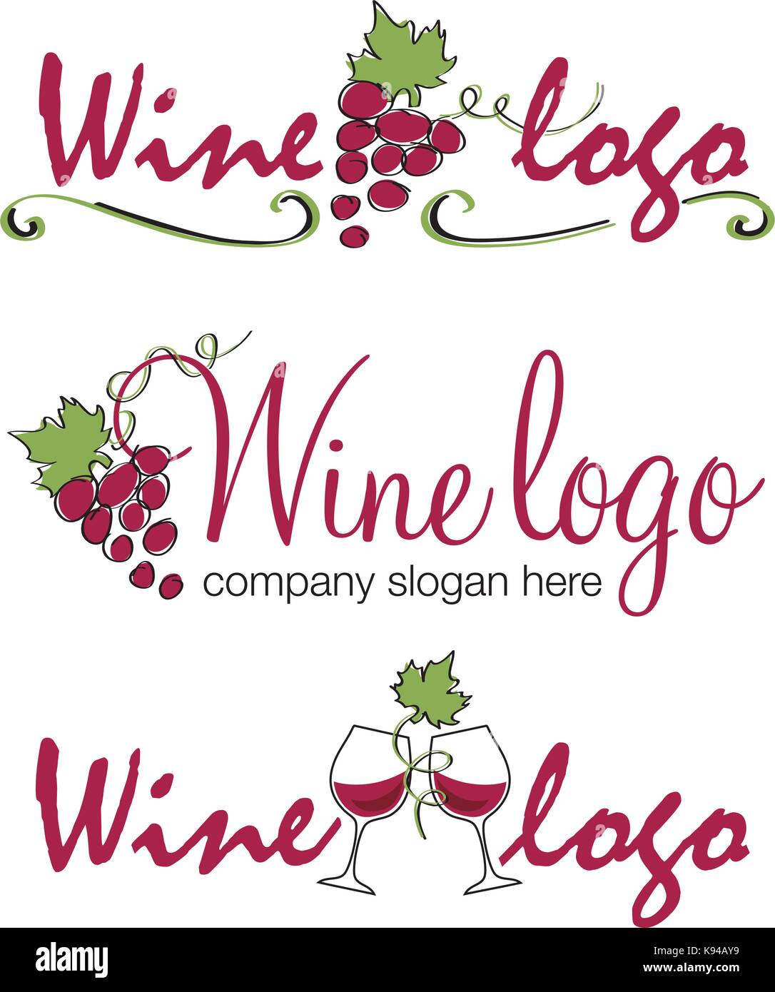 Set of three wine logos with wine bottles, glasses, vines and leaves