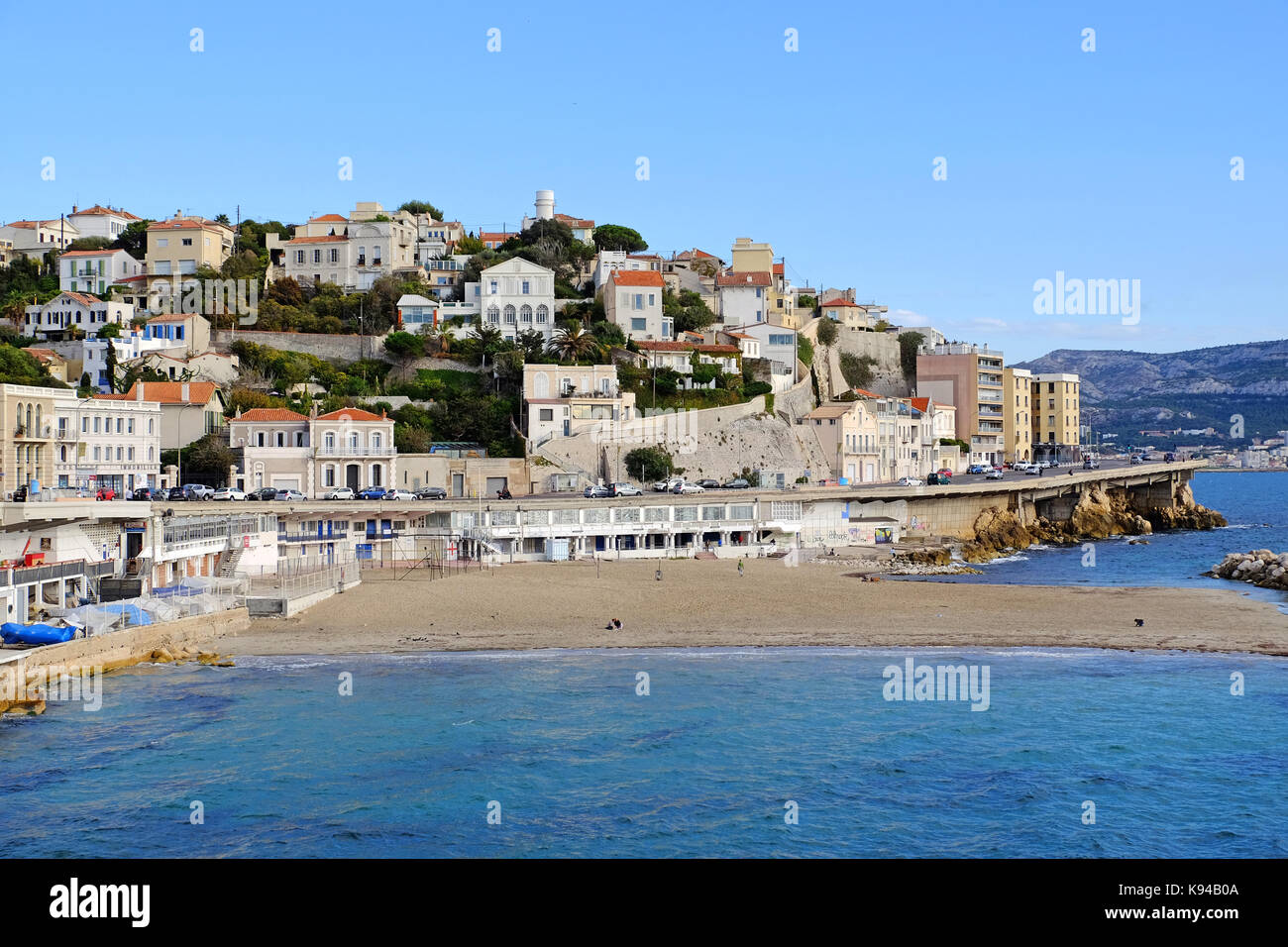 The Corniche road and beach along the Mediterranean sea in Marseilles, Provence, South of France Stock Photo