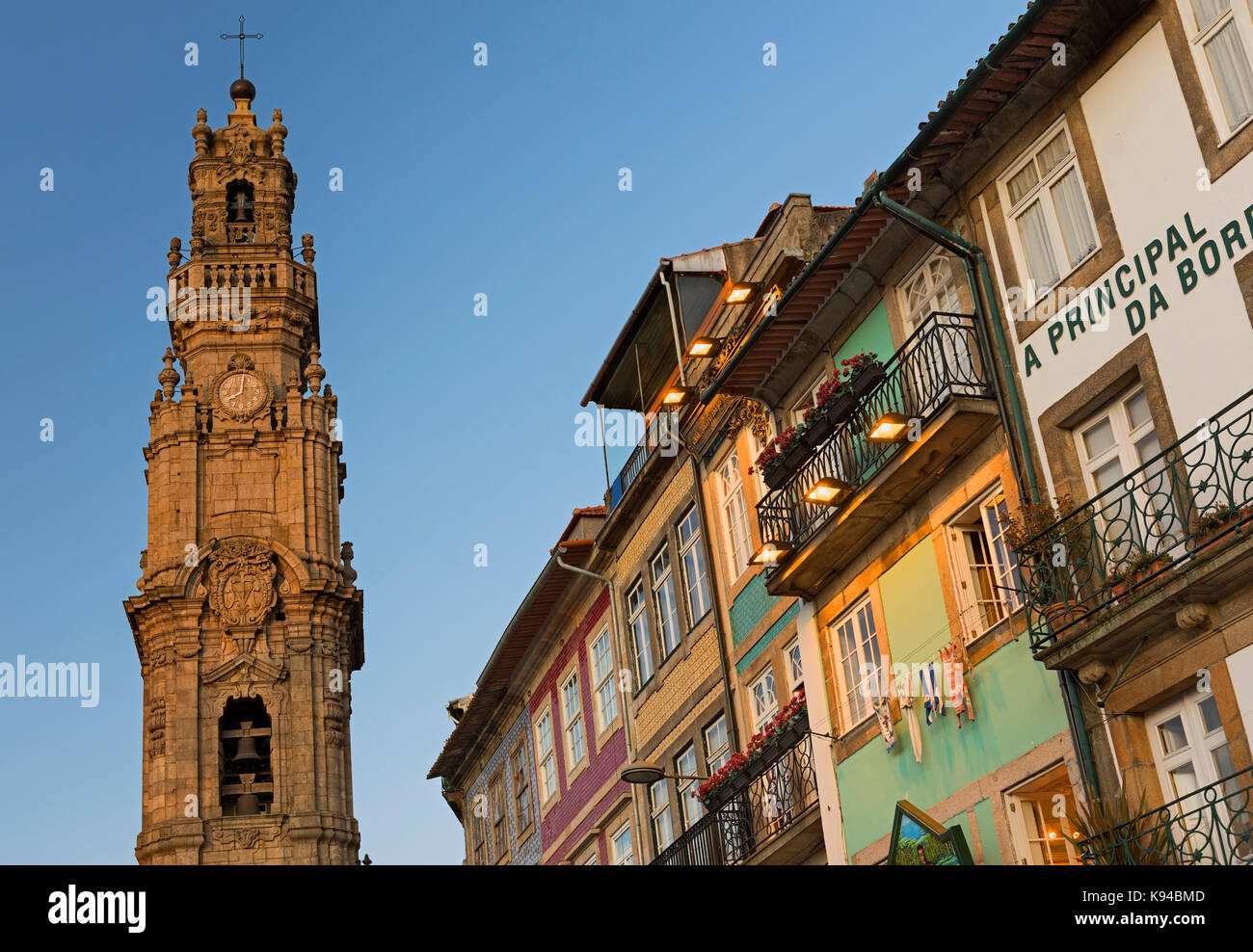 Torre dos Clérigos tower and Casa Oriental traditional shop Porto Portugal Stock Photo