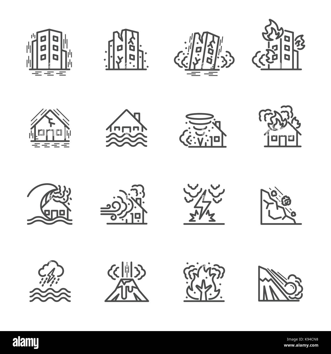 Natural Disaster, Vector illustration of thin line icons for Natural ...