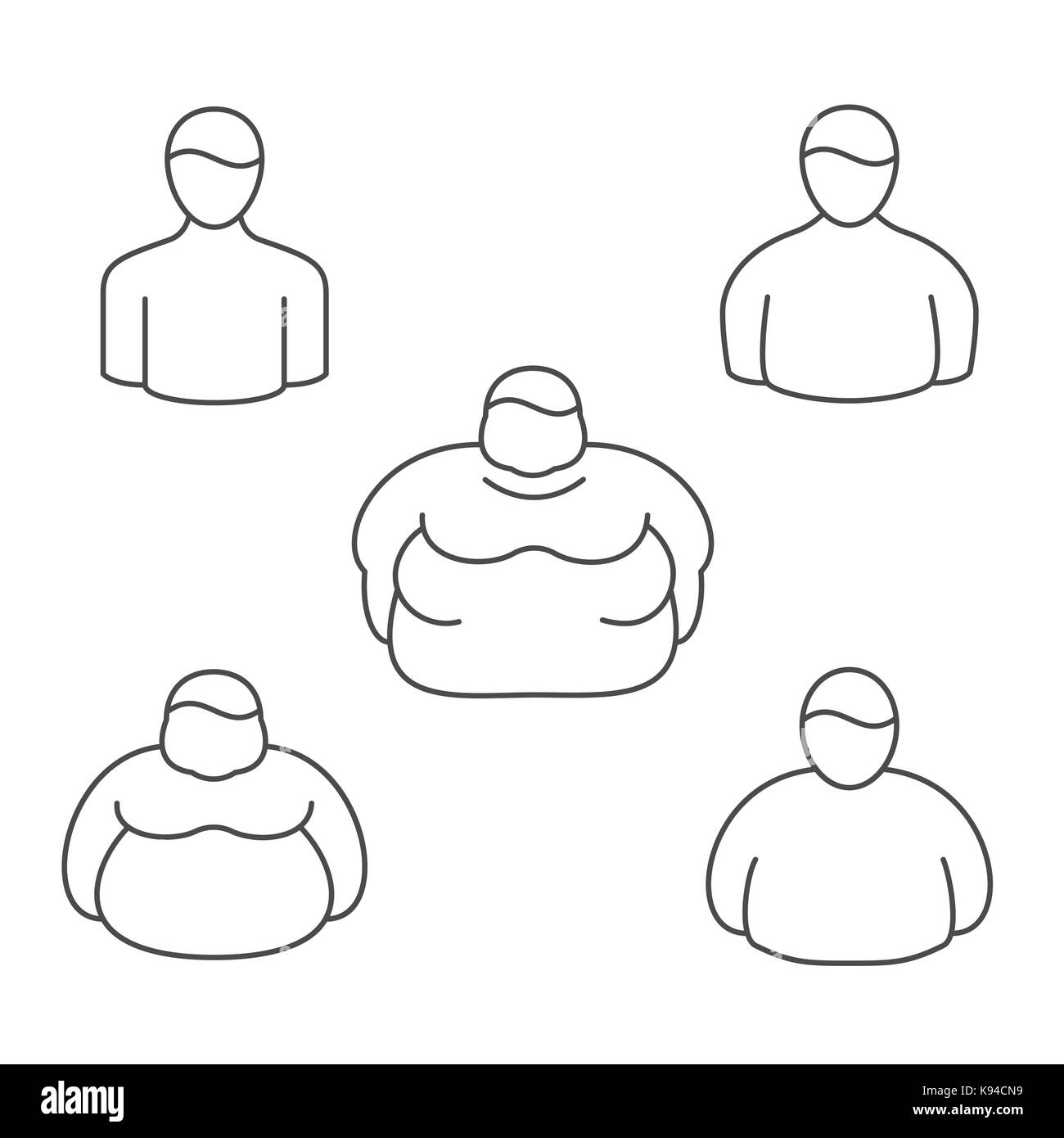 Shape classification of obesity level and physical appearance in obese people. vector line icons Stock Vector