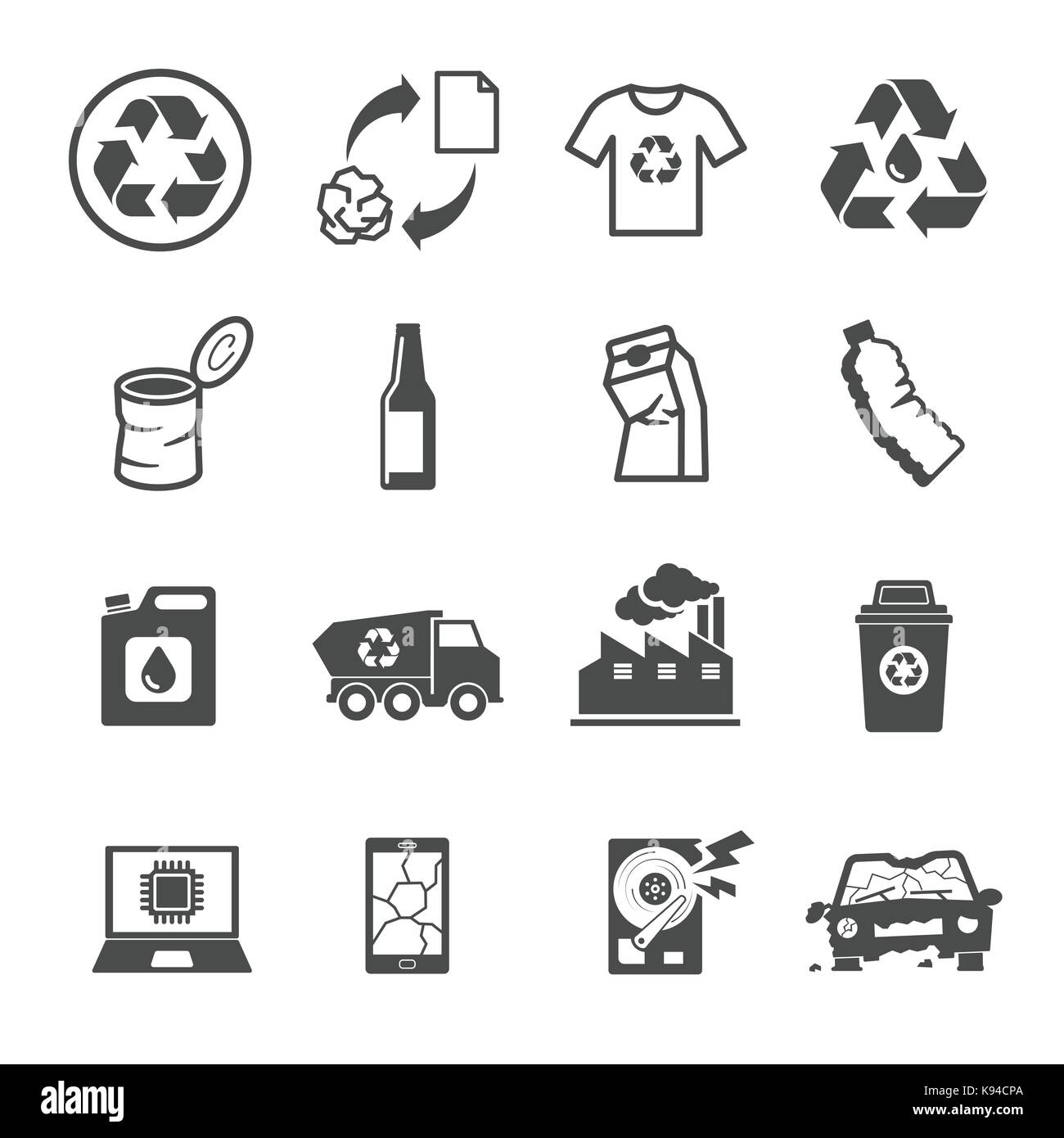 Recycling garbage, Contains such Icons as Waste, Paper, Plastic, Metal , Glass, E-Waste and more. Stock Vector