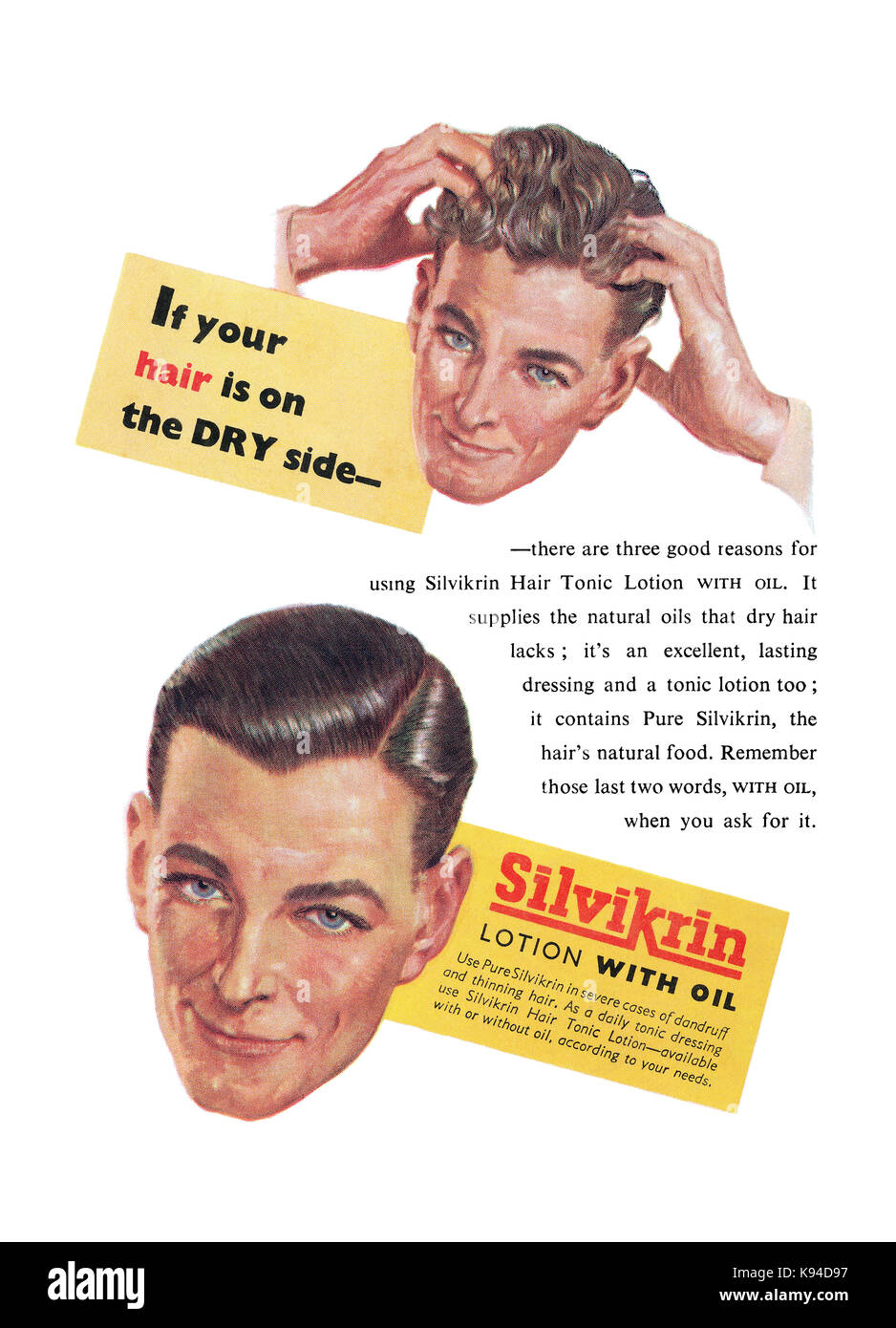 1950 British advertisement for Silvikrin Hair Tonic Lotion. Stock Photo