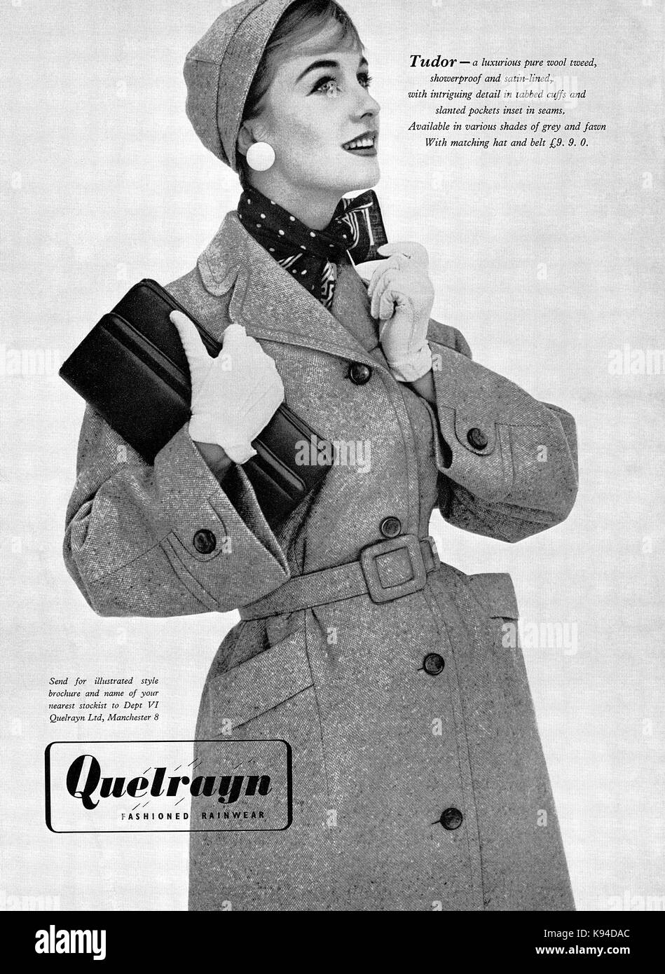 1956 British advertisement for Quelrayn fashioned rainwear. Stock Photo