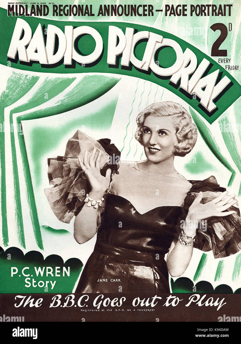 Vintage magazine cover of Radio Pictorial for 8th June 1934, featuring actress Jane Carr. Stock Photo