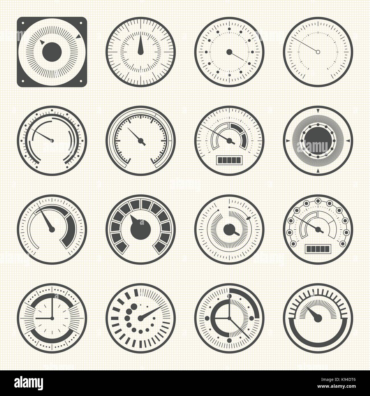 Circular meter, Collection of round gauge. Vector icons set Stock Vector