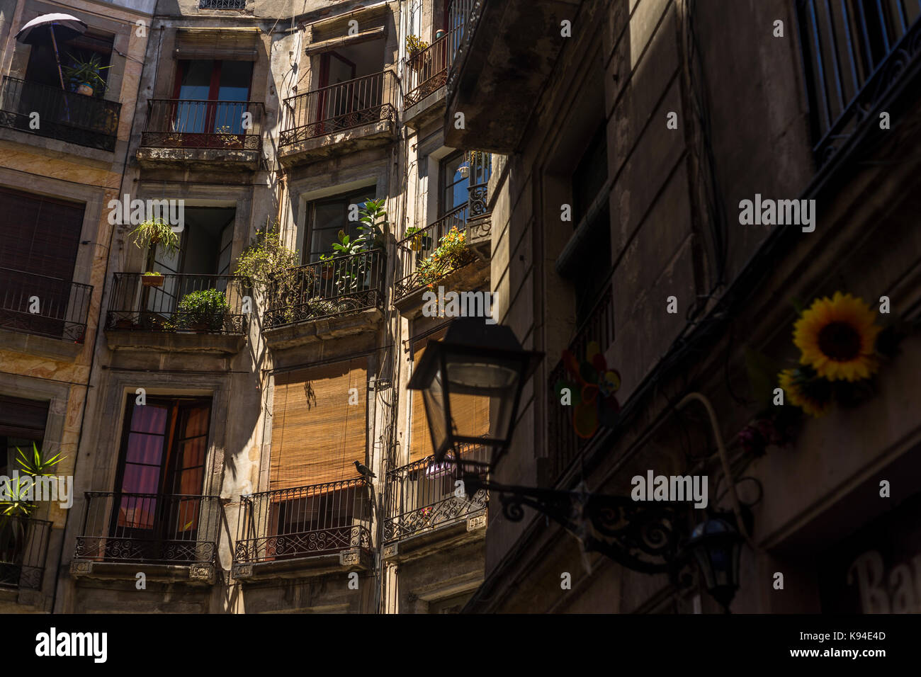 Balconies in the old town of Barcelona, Spain 2017 Stock Photo
