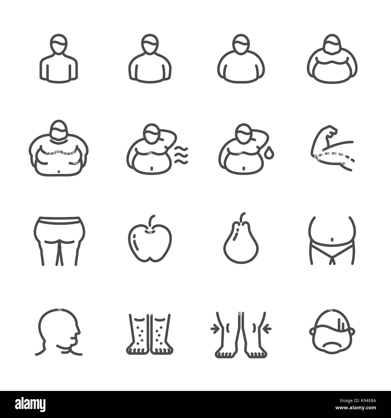 Shape classification of obesity level and physical appearance in obese people. vector line icons Stock Vector
