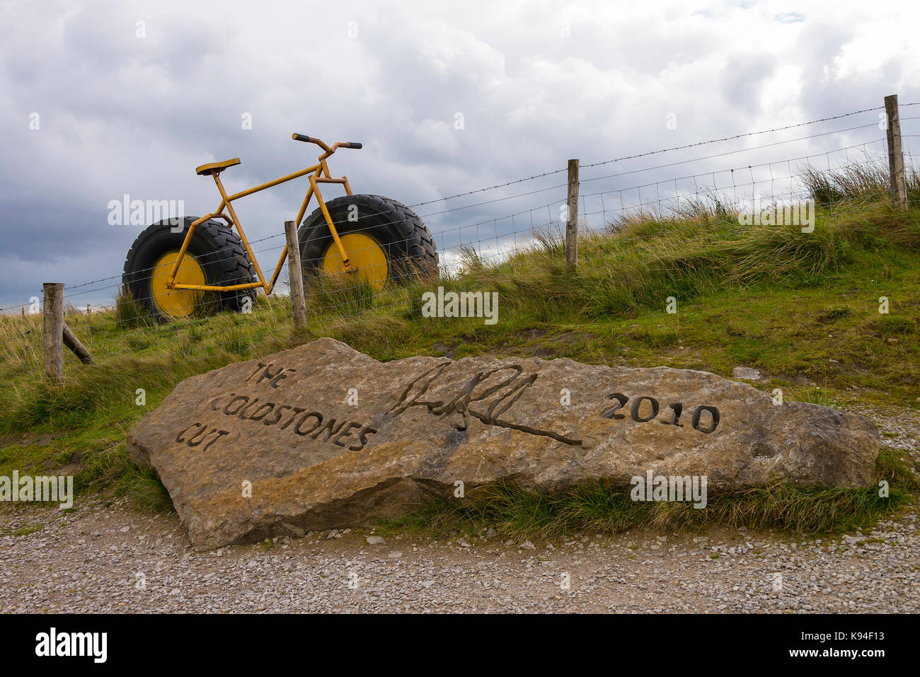 A Large Model Bicycle on a Hilltop by Coldstones Cut near Pateley Bridge North Yorkshire England United Kingdom UK Stock Photo