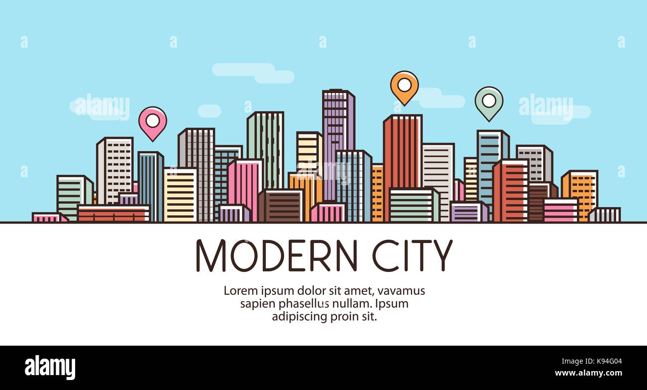 Modern city, banner. Cityscape, urban landscape, town concept. Vector illustration Stock Vector