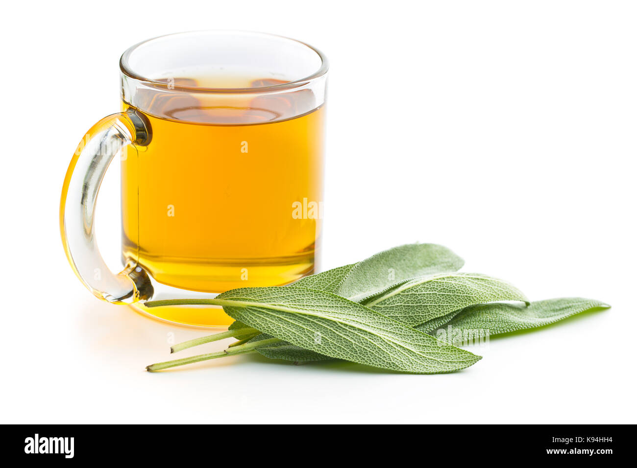 Sage tea and sage leaves. Infusion made from sage leaves. Medicinal