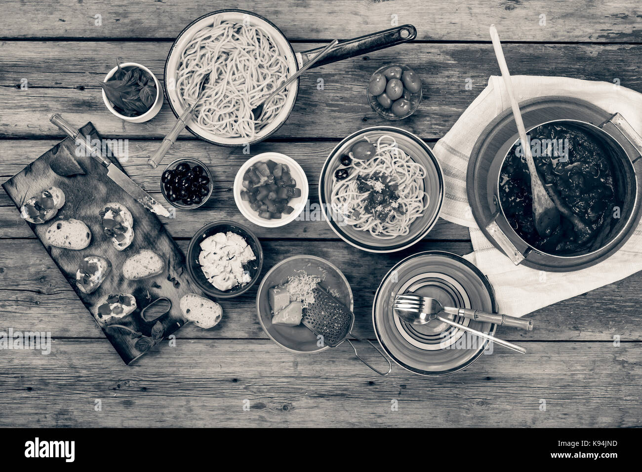 Traditional Italian vegetarian dinner. Dinner at home wooden background