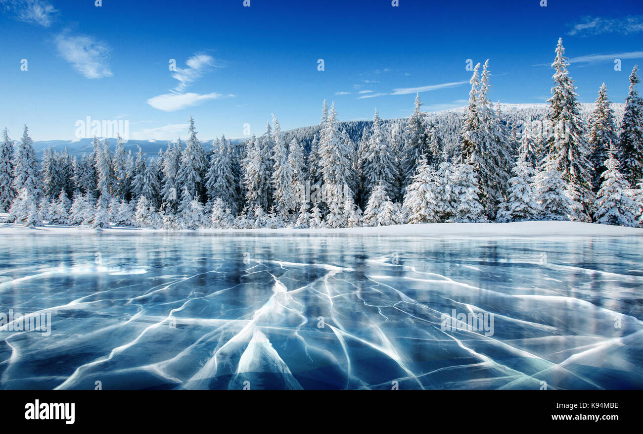 Blue ice and cracks on the surface of the ice. Frozen lake under a blue sky in the winter. The hills of pines. Winter. Carpathian, Ukraine, Europe. Stock Photo