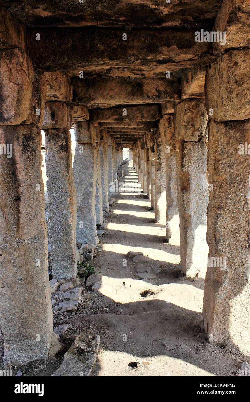Ancient hallway in Hampi India Stock Photo