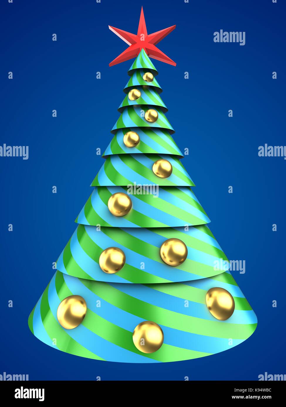 3d illustration of Christmas tree over blue background with golden ...