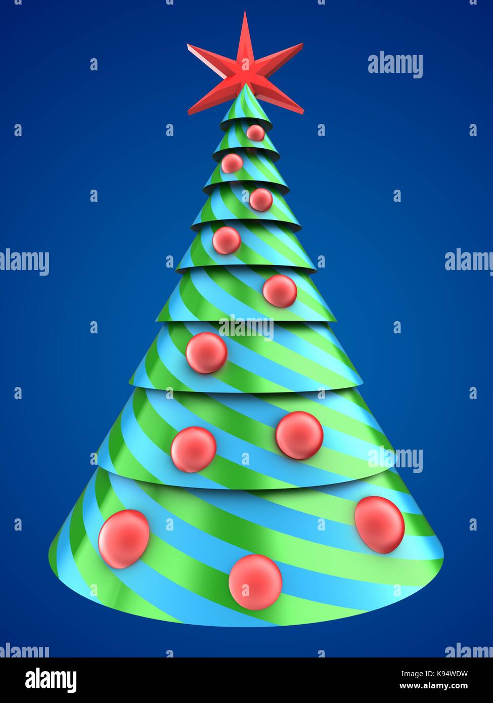 3d illustration of Christmas tree over blue background with red balls ...