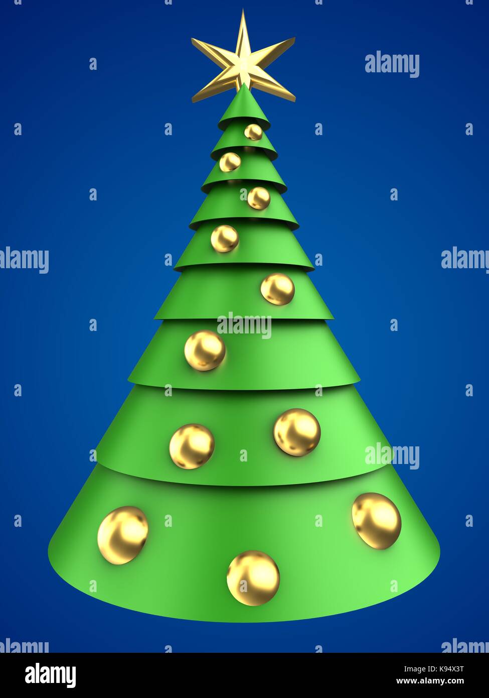 3d illustration of christmas tree over blue background with golden ...