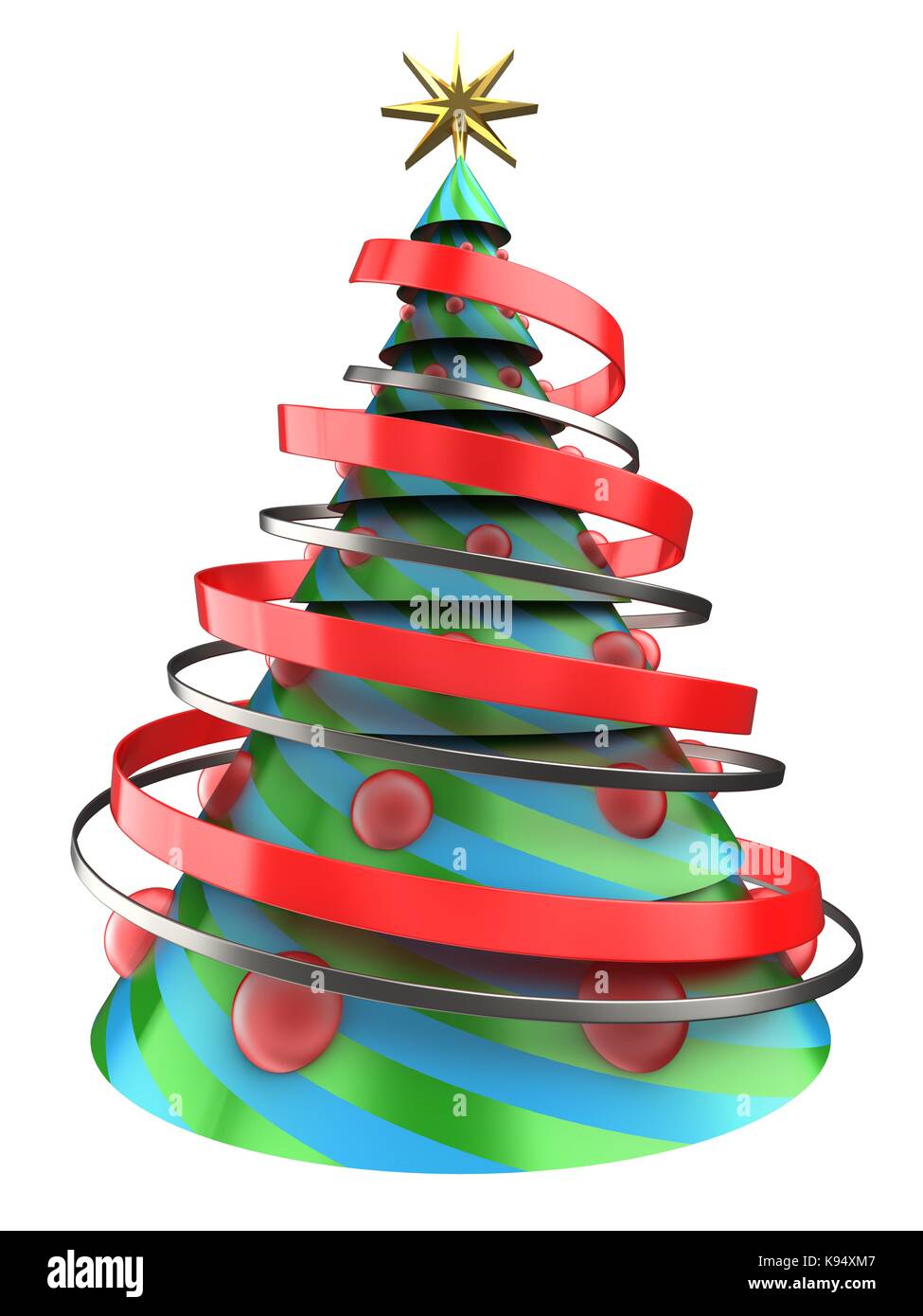 3d illustration of Christmas tree over white background with red balls ...