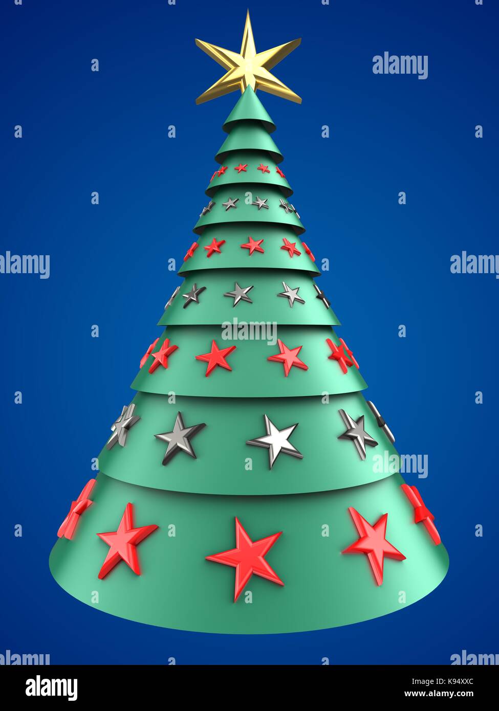 3d illustration of green and blue xmas tree over blue background with ...