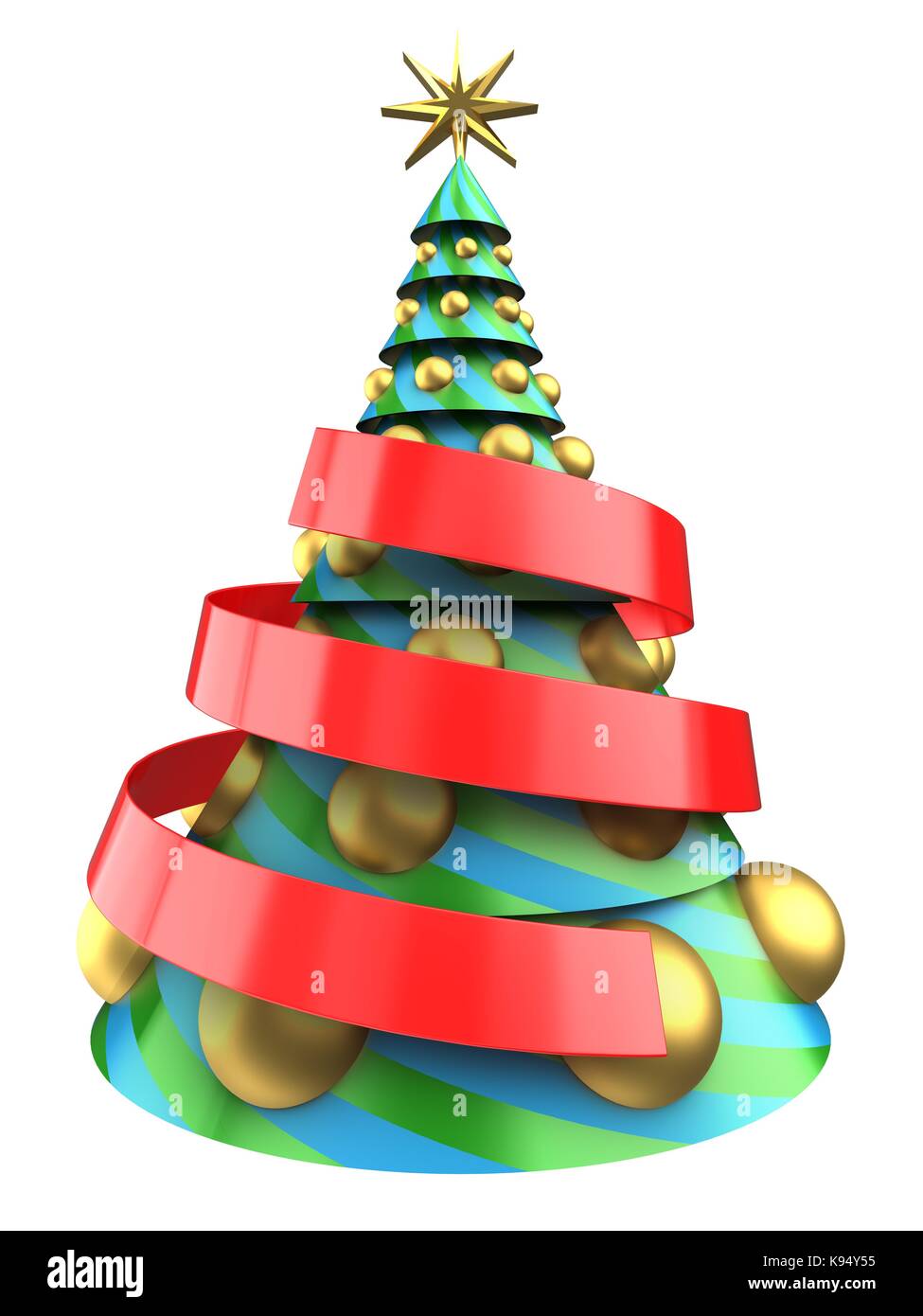 3d illustration of Christmas tree over white background with big golden ...