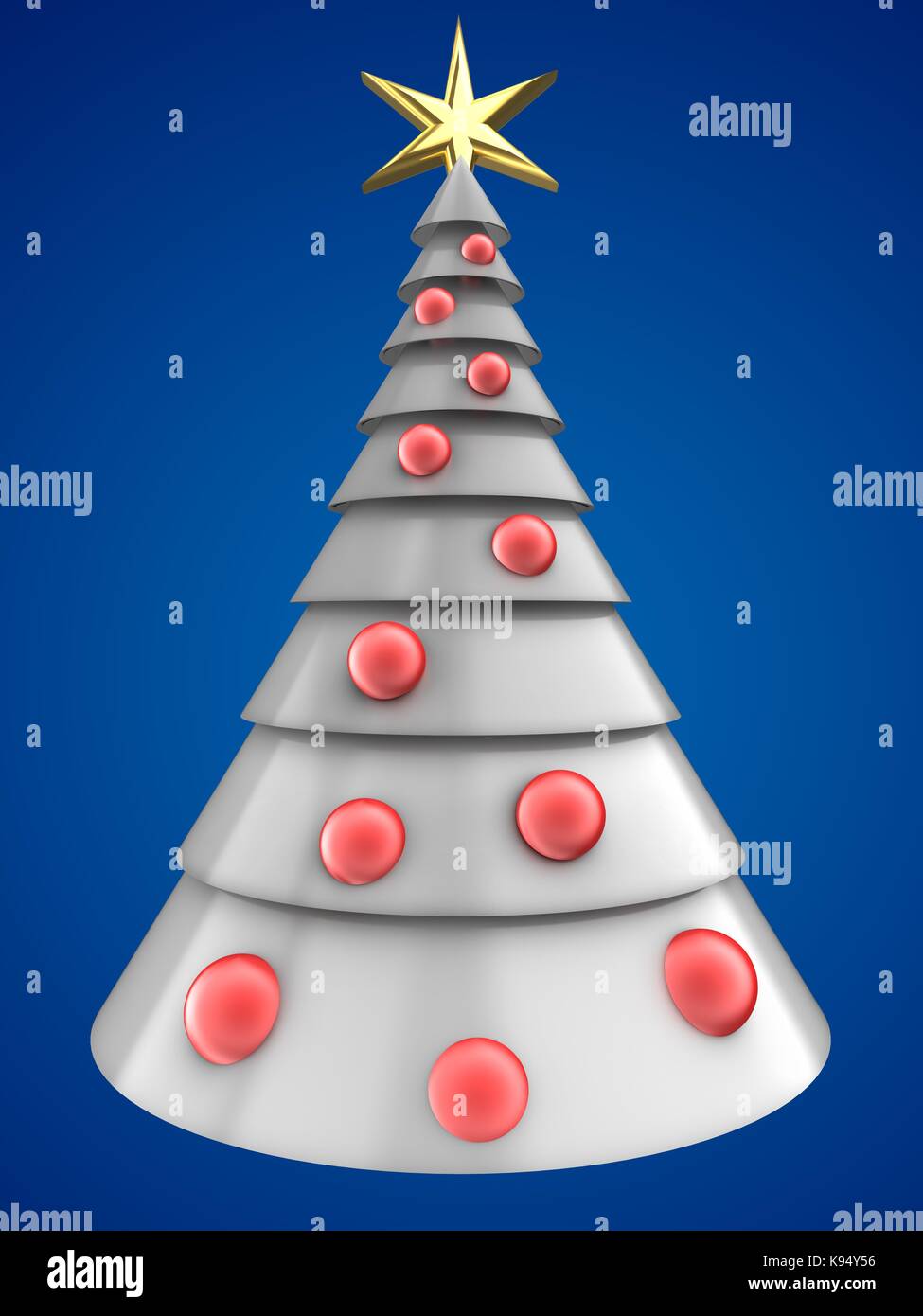 3d illustration of white Christmas tree over blue background with red ...