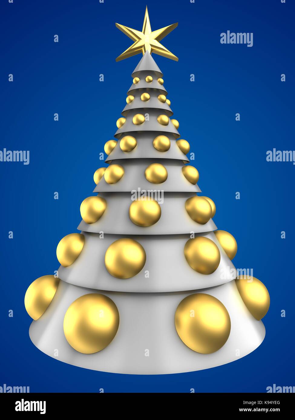 3d illustration of white Christmas tree over blue background with big ...