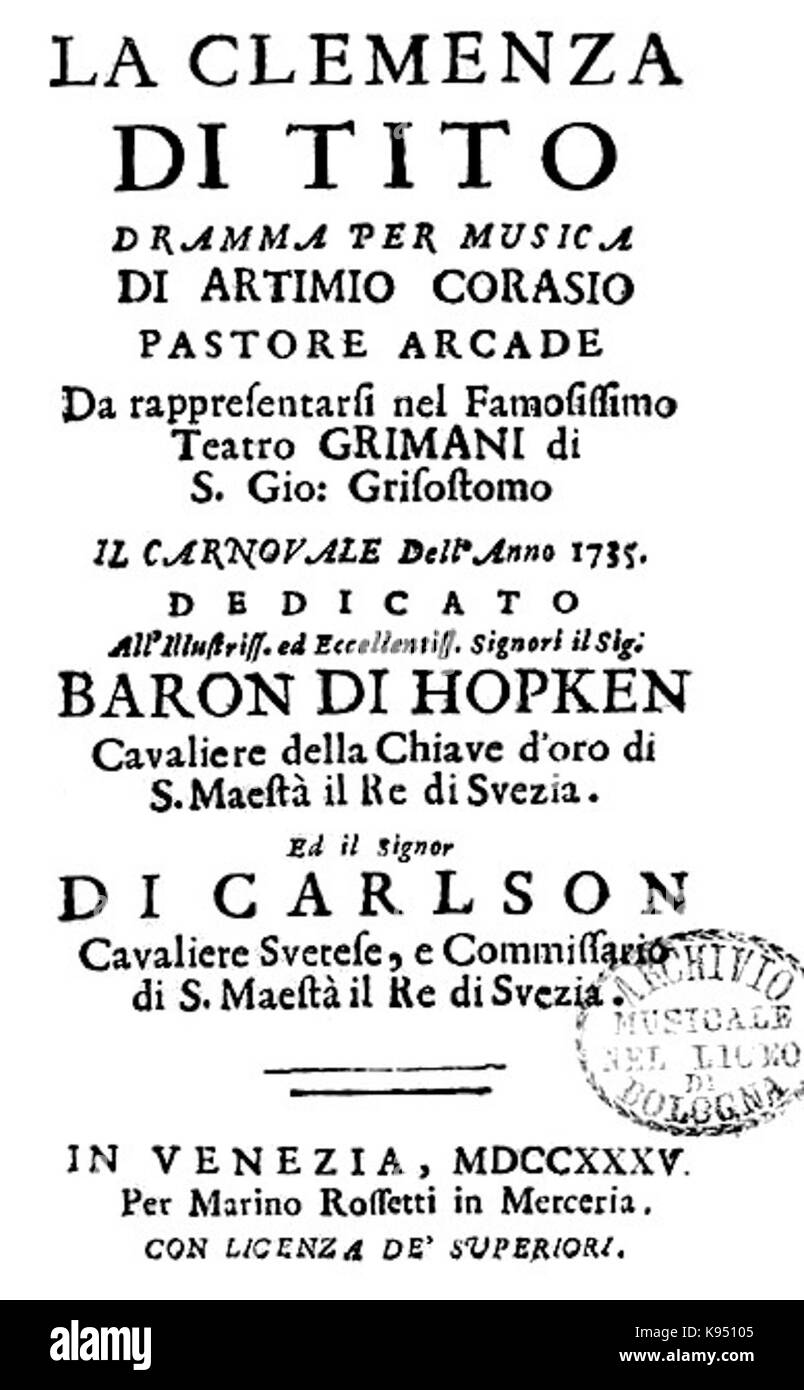 Leonardo Leo   La Clemenza di Tito   titlepage of the libretto   Venice 1735 Stock Photo