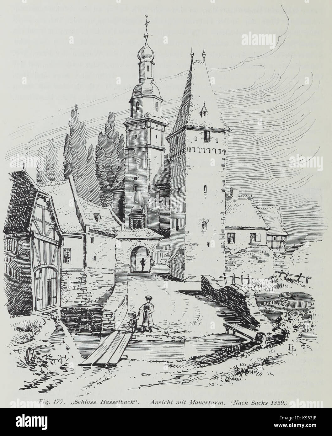 Luthmer II 177 Schloss Hasselbach Ansicht mit Mauerturm (nach Sachs 1859) Stock Photo